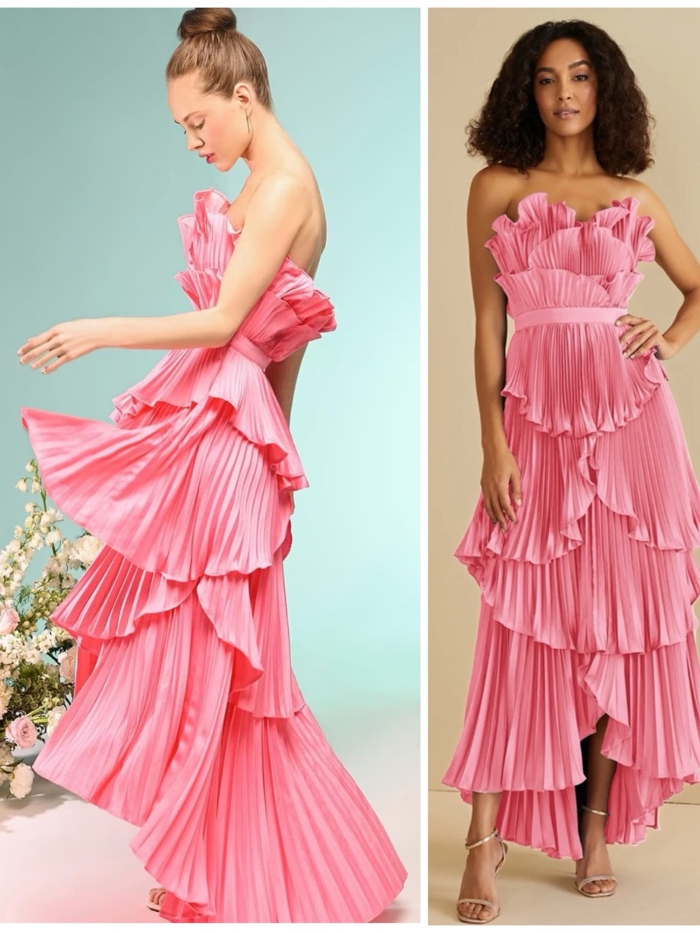 AMUR Pink Pleated Ruffled Midi Dress